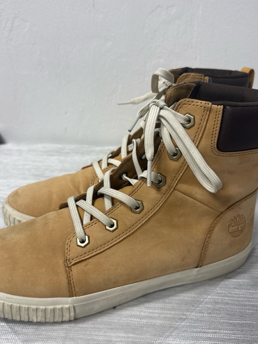 Timberland Tan Nubuck High-Top Sneakers with Cream Laces